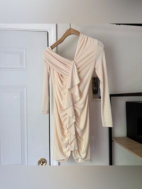 MISHA cream chunky knit ruched bodycon asymmetrical long sleeve mini dress